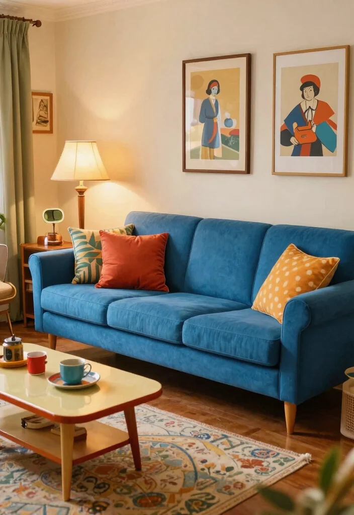 27 Blue Sofas Living Room Ideas That Steal the Show - 13. Retro Revival 1