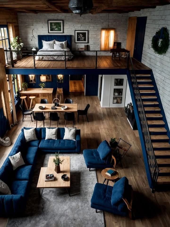 27 Blue Sofas Living Room Ideas That Steal the Show - 16. Industrial Chic 1