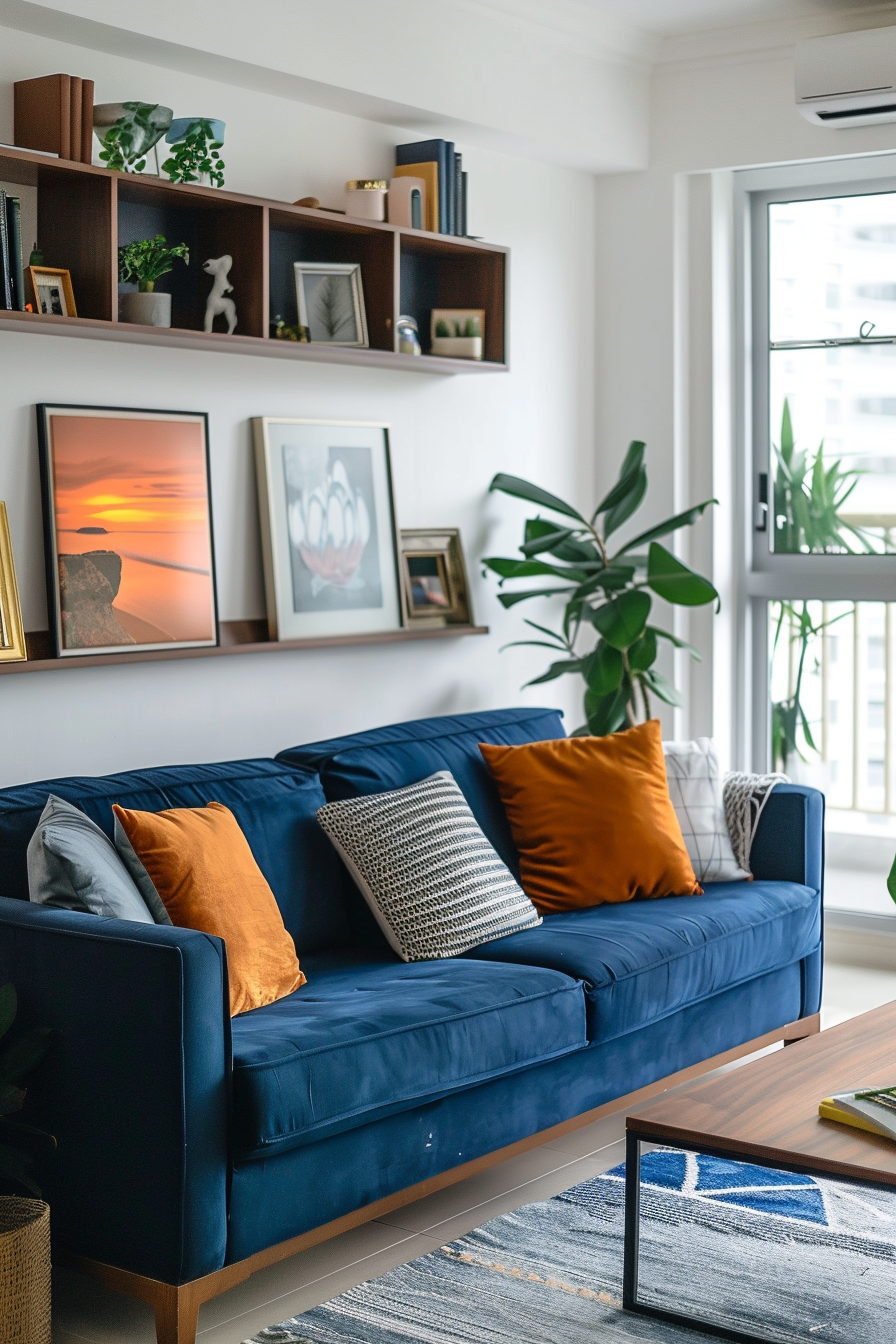 27 Blue Sofas Living Room Ideas That Steal the Show - 19. Colorful Cushion Explosion 1