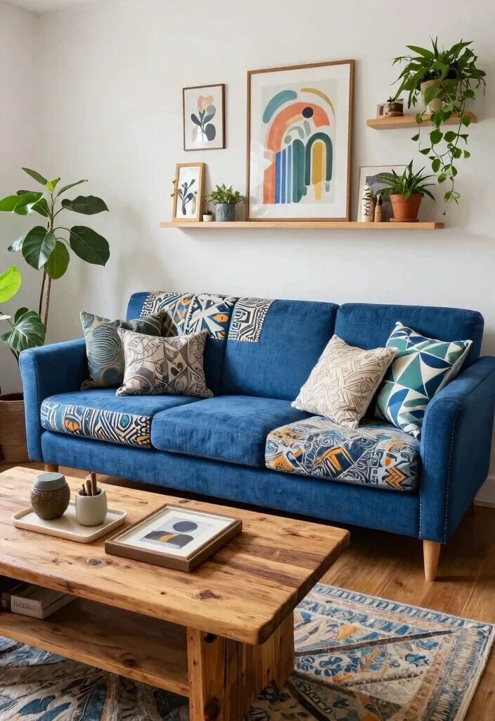 27 Blue Sofas Living Room Ideas That Steal the Show - 22. Artistic Upcycling 1