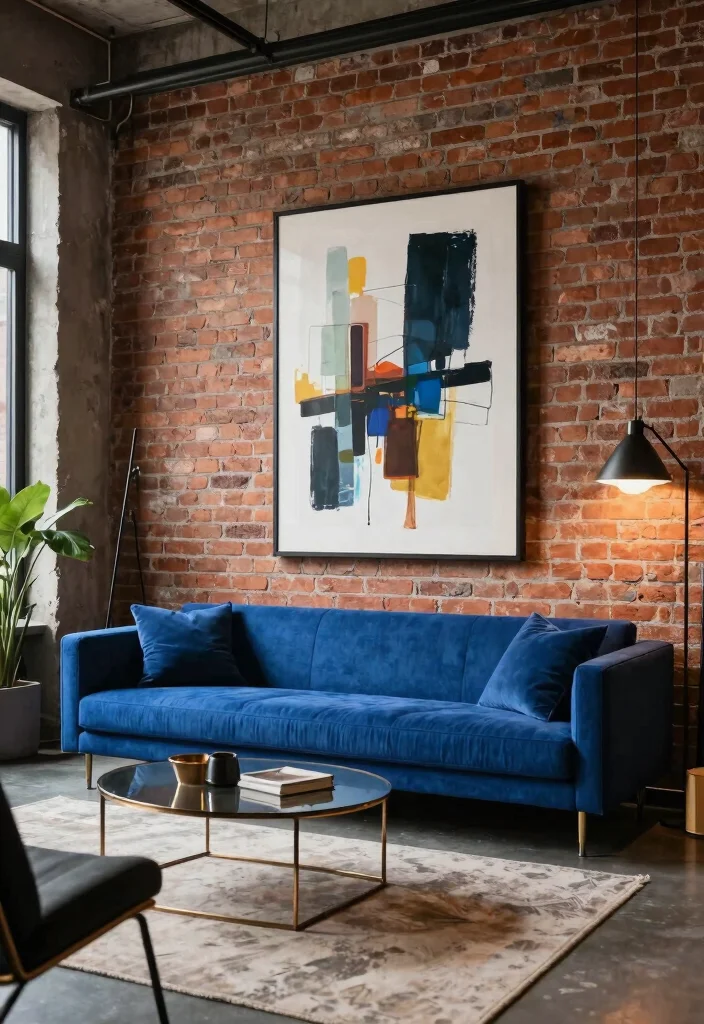 27 Blue Sofas Living Room Ideas That Steal the Show - 24. Urban Loft Style 1