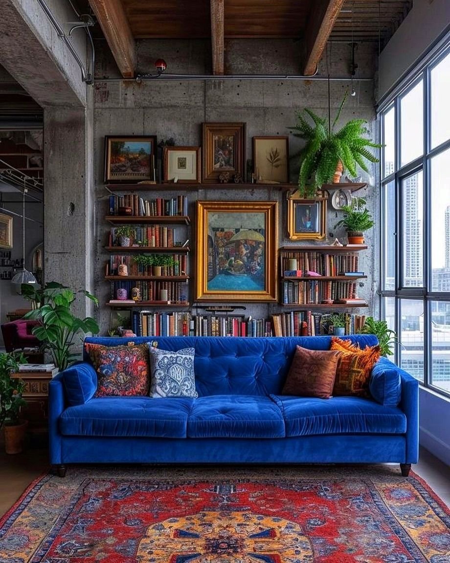 27 Blue Sofas Living Room Ideas That Steal the Show - 3. Eclectic Mix 1