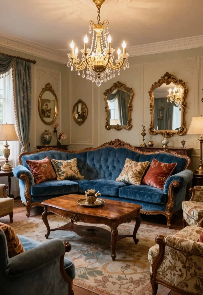 27 Blue Sofas Living Room Ideas That Steal the Show - 8. Vintage Glam 1