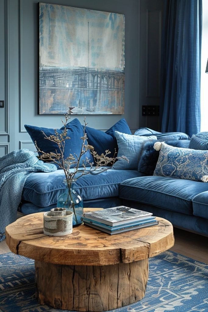 27 Blue Sofas Living Room Ideas That Steal the Show - 9. Playful Patterns 1