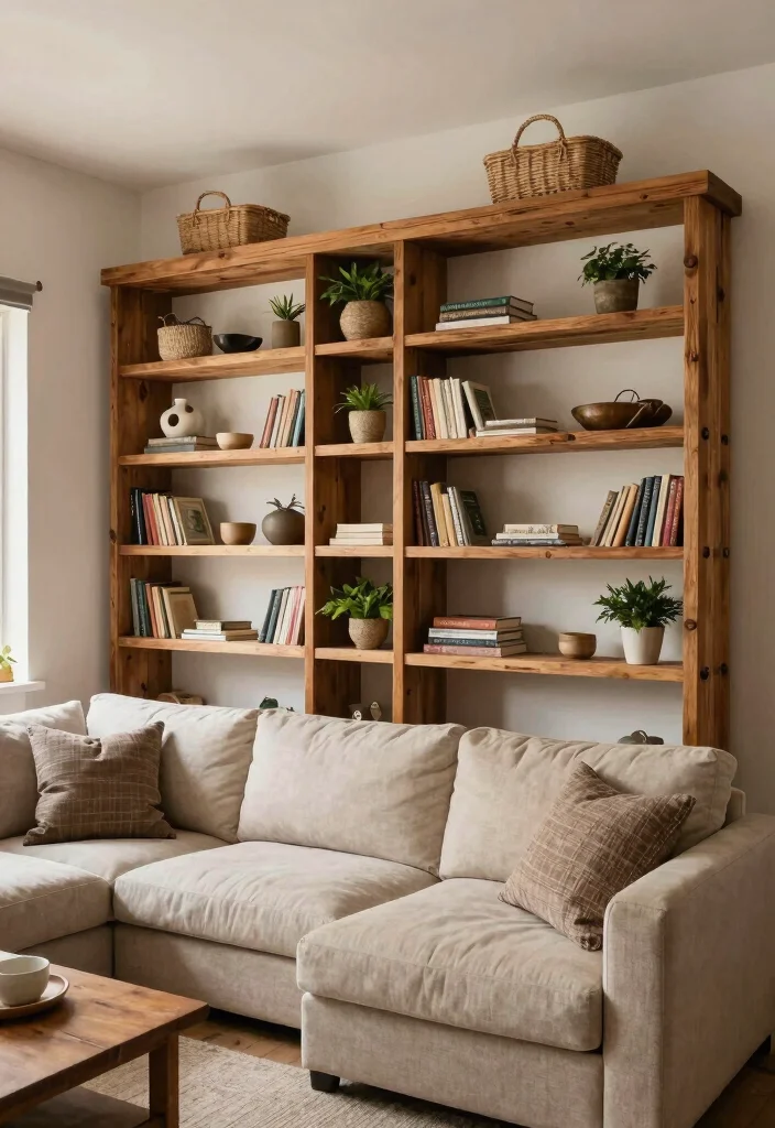 27 Farmhouse Modular Sectional Sofa Ideas to Copy Now - 10. Open Shelving with Decor 1