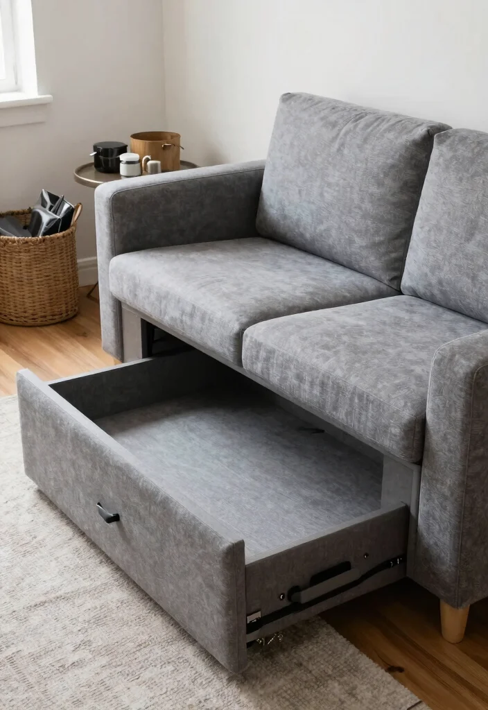 27 Grey Modern Couch Ideas for a Sleek Living Room - 10. Functionality with Storage 1