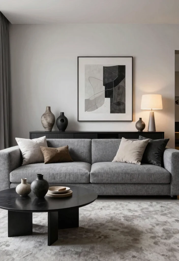 27 Grey Modern Couch Ideas for a Sleek Living Room - 13. Artistic Decor Elements 1