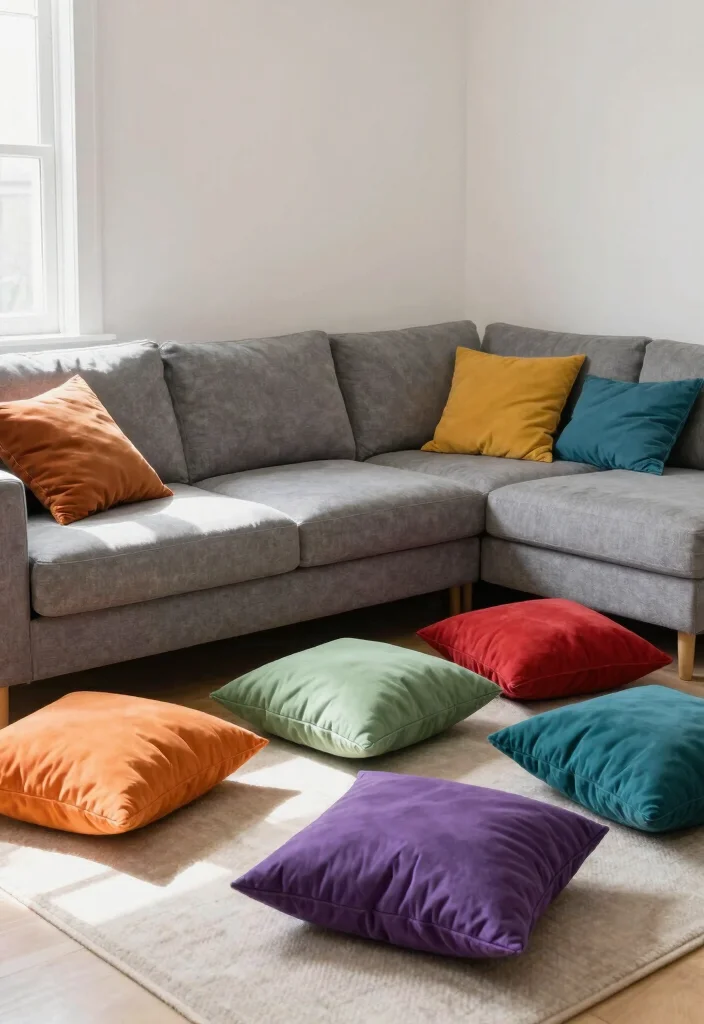 27 Grey Modern Couch Ideas for a Sleek Living Room - 14. Fun with Floor Cushions 1