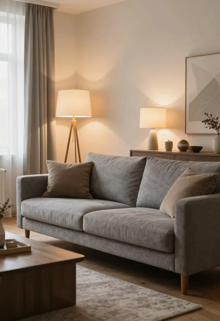 27 Grey Modern Couch Ideas for a Sleek Living Room - 16. Soft Lighting Techniques 1