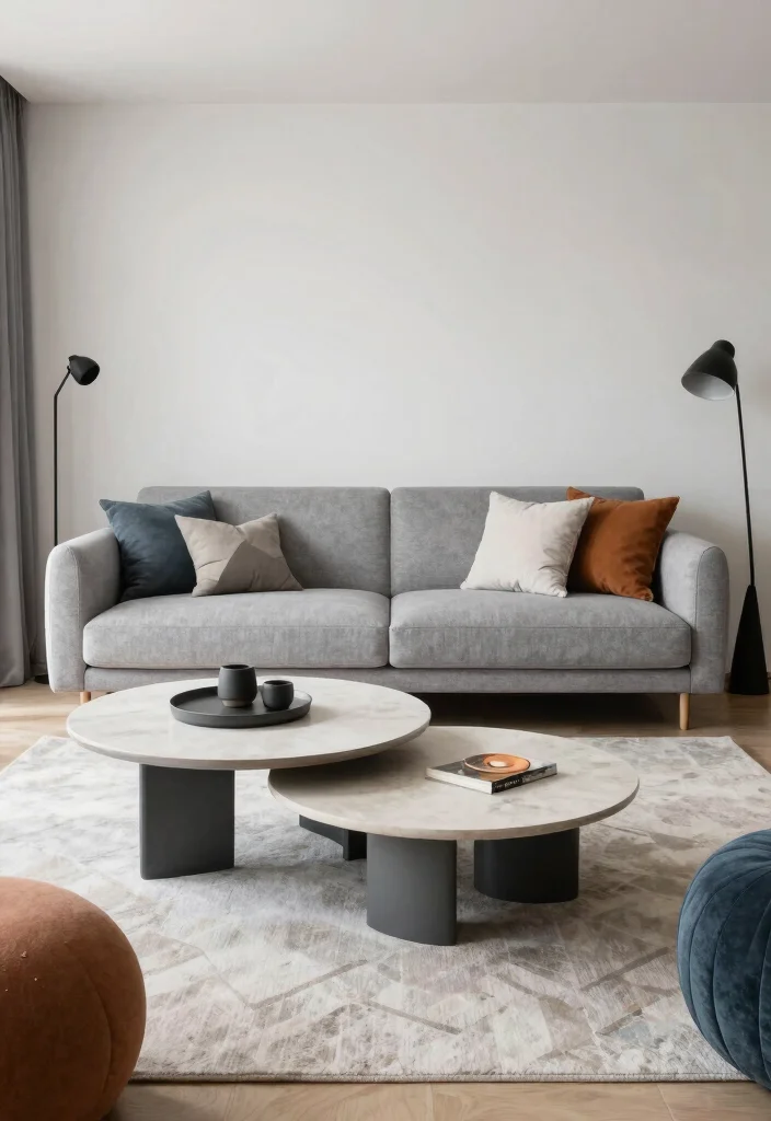 27 Grey Modern Couch Ideas for a Sleek Living Room - 18. Playful Use of Shapes 1