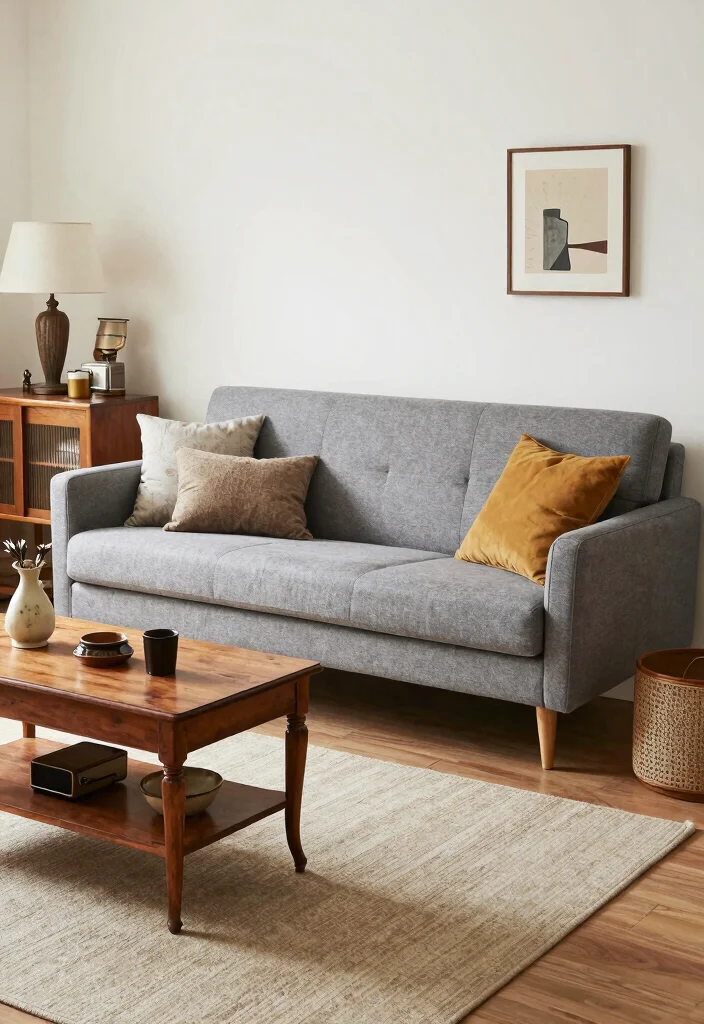 27 Grey Modern Couch Ideas for a Sleek Living Room - 19. Vintage Accents 1