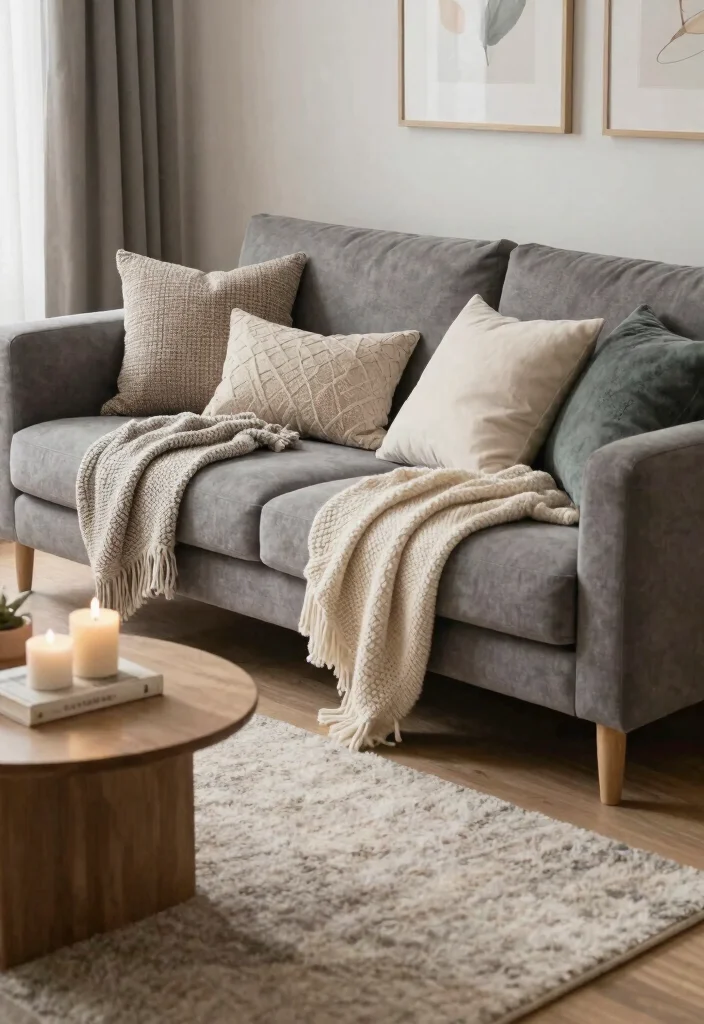 27 Grey Modern Couch Ideas for a Sleek Living Room - 2. Cozy Layered Textures 1