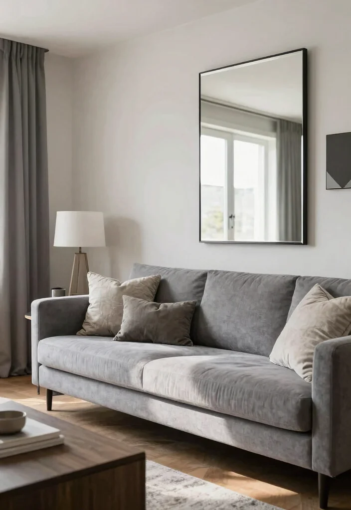 27 Grey Modern Couch Ideas for a Sleek Living Room - 23. Creative Use of Mirrors 1