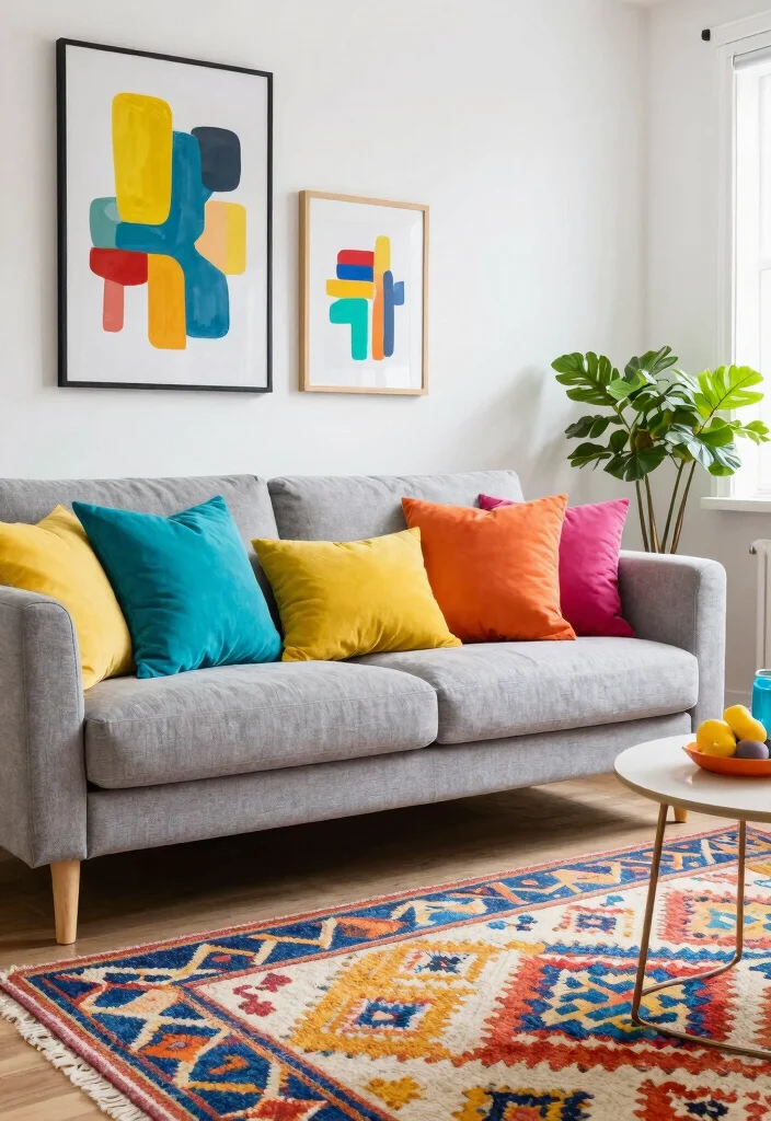 27 Grey Modern Couch Ideas for a Sleek Living Room - 3. Bold Accent Colors 1