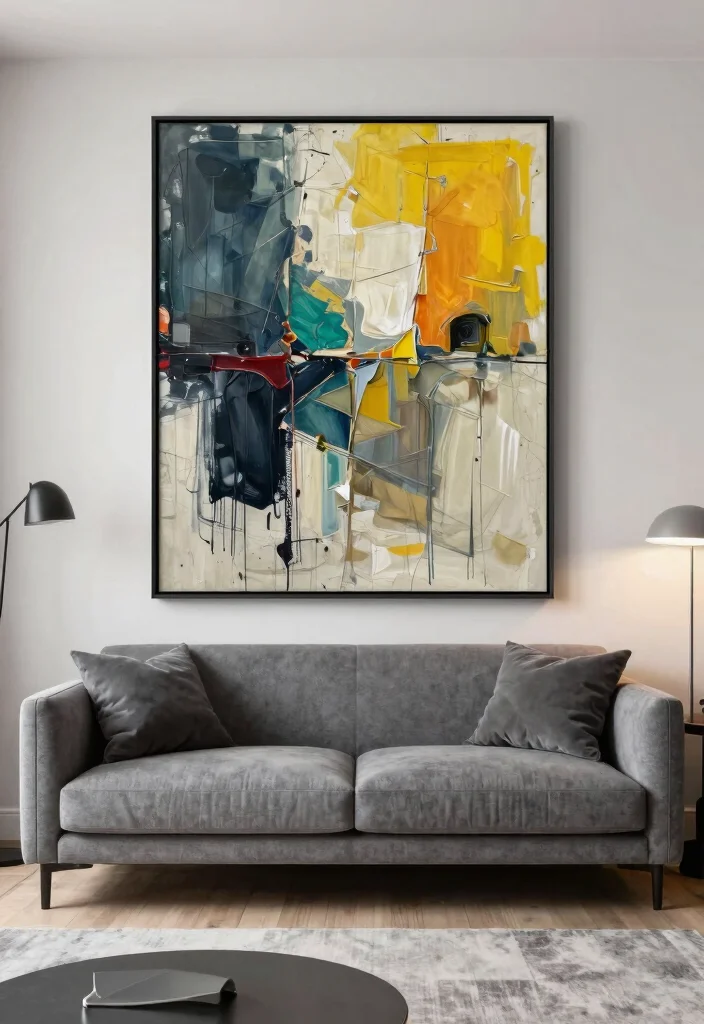 27 Grey Modern Couch Ideas for a Sleek Living Room - 9. Statement Wall Art 1