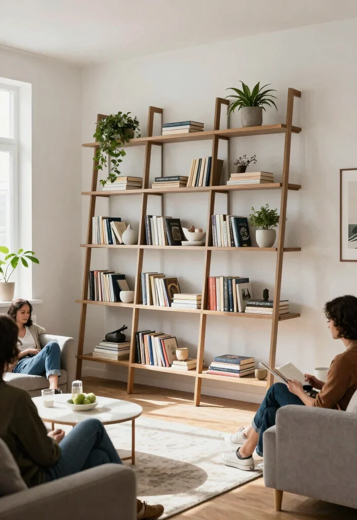 27 Large Living Room Bookshelf Ideas for Book Lovers - 11. Minimalist Ladder Bookshelves 1