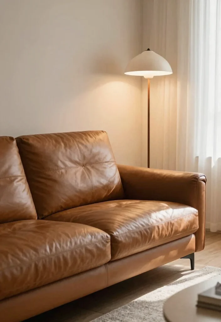 27 Leather Couches Living Room Ideas for Every Aesthetic - 24. Layered Lighting: Enhancing Leather Couches 1
