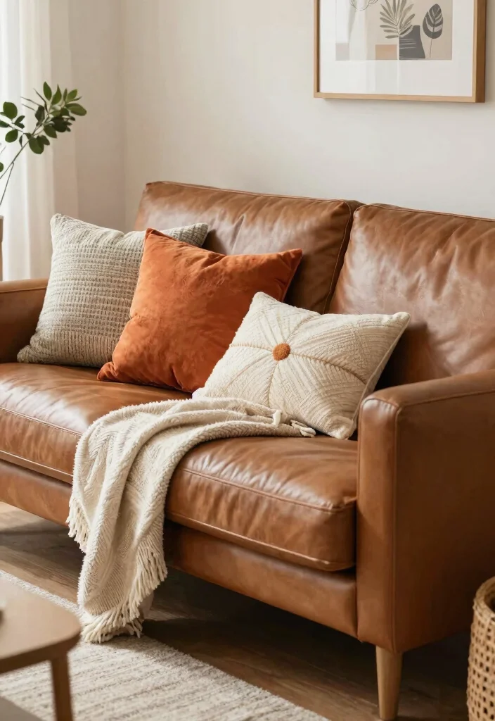 27 Leather Couches Living Room Ideas for Every Aesthetic - 27. Seasonal Swaps: Leather Couch Accessories for Every Season 1