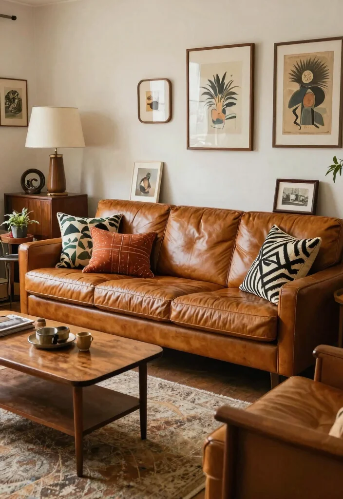 27 Leather Couches Living Room Ideas for Every Aesthetic - 6. Vintage Vibes: Retro Leather Couches 1
