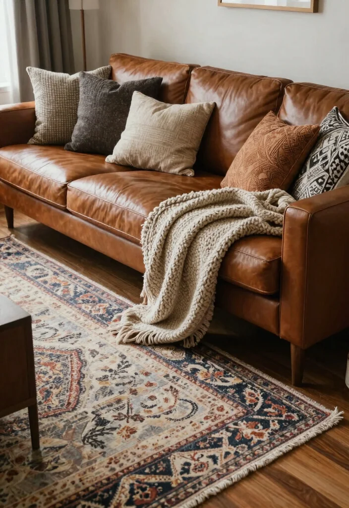 27 Leather Couches Living Room Ideas for Every Aesthetic - 8. Layered Textures: Complementing Leather with Fabrics 1