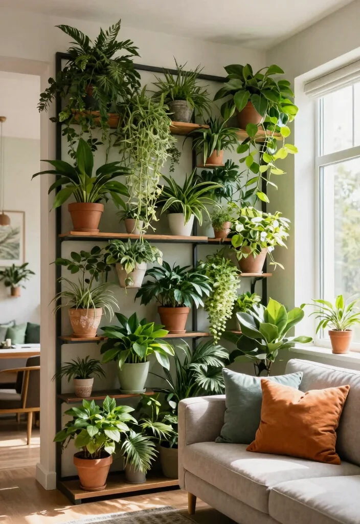 27 Living Room Divider Ideas to Define Your Open Space - 13. Potted Plant Walls for Fresh Vibes 1