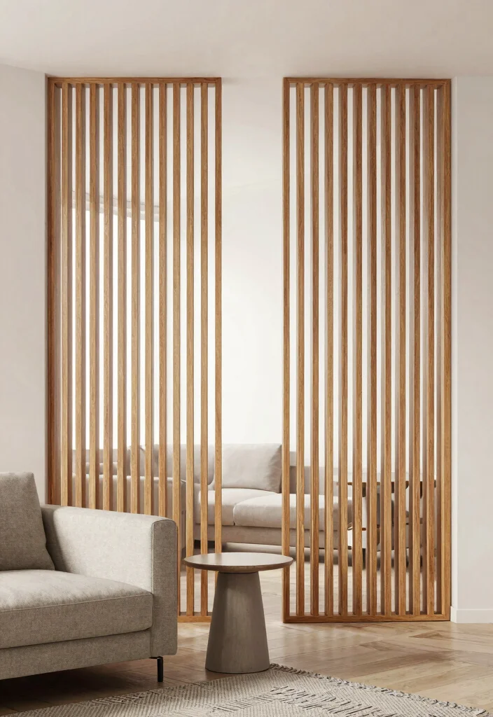 27 Living Room Divider Ideas to Define Your Open Space - 16. Minimalist Wooden Slat Dividers 1