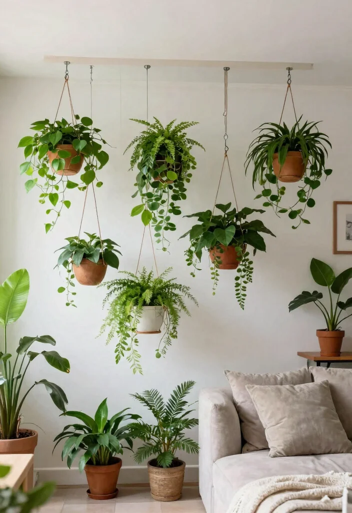 27 Living Room Divider Ideas to Define Your Open Space - 23. Hanging Planters as Dividers 1