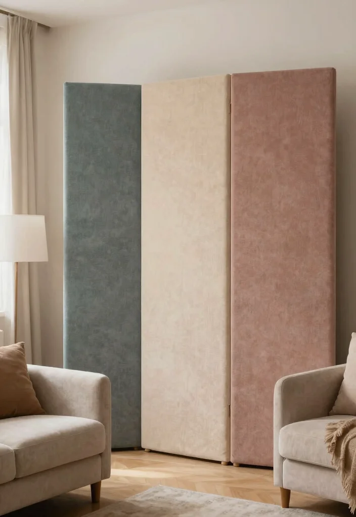 27 Living Room Divider Ideas to Define Your Open Space - 25. Fabric Panels for Sound Absorption 1