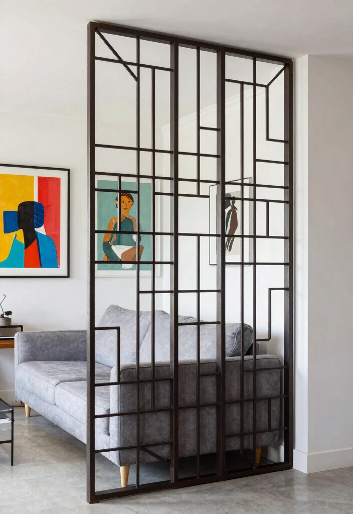 27 Living Room Divider Ideas to Define Your Open Space - 9. Metal Grille Dividers for Industrial Appeal 1
