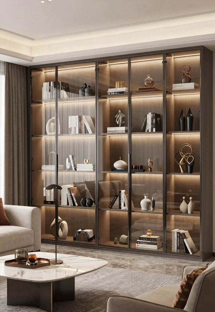 27 Living Room Wall Unit Ideas for Style and Storage - 10. Glass-Fronted Wall Units for a Sleek Look 1
