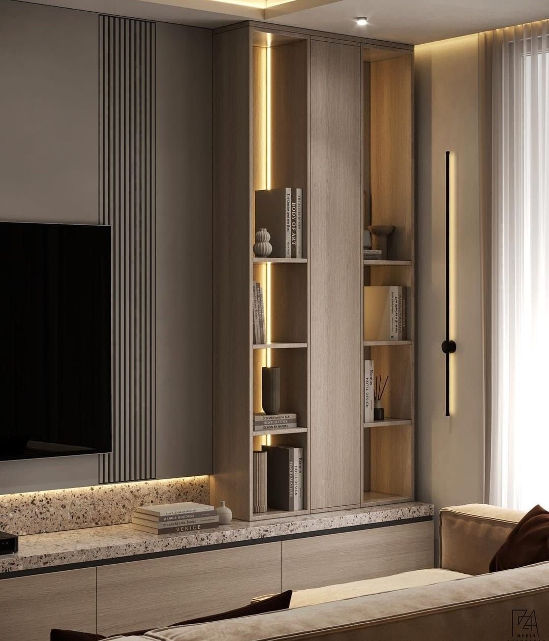27 Living Room Wall Unit Ideas for Style and Storage - 21. Vertical Wall Units for Compact Spaces 1