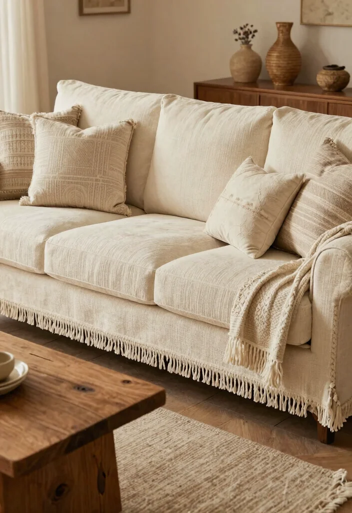 27 Mediterranean Sofa Ideas for a Warm - 4. Classic Textured Sofa with Fringe 1