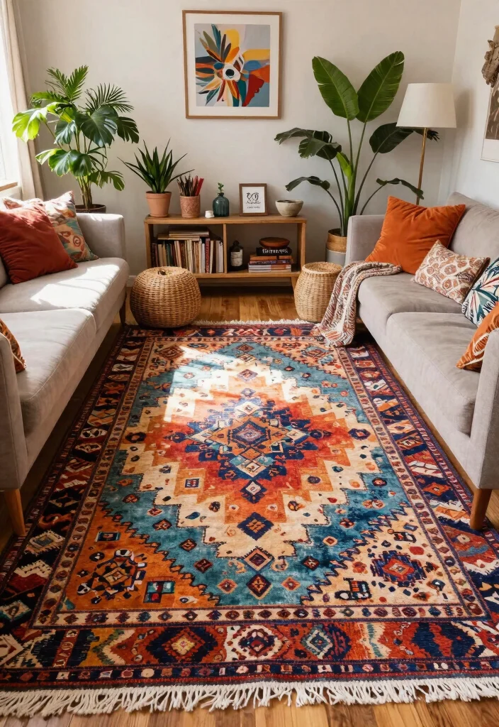 27 Plush Area Rugs That Make Your Living Room Feel Like a Cloud - 21. Bohemian Vibes 1