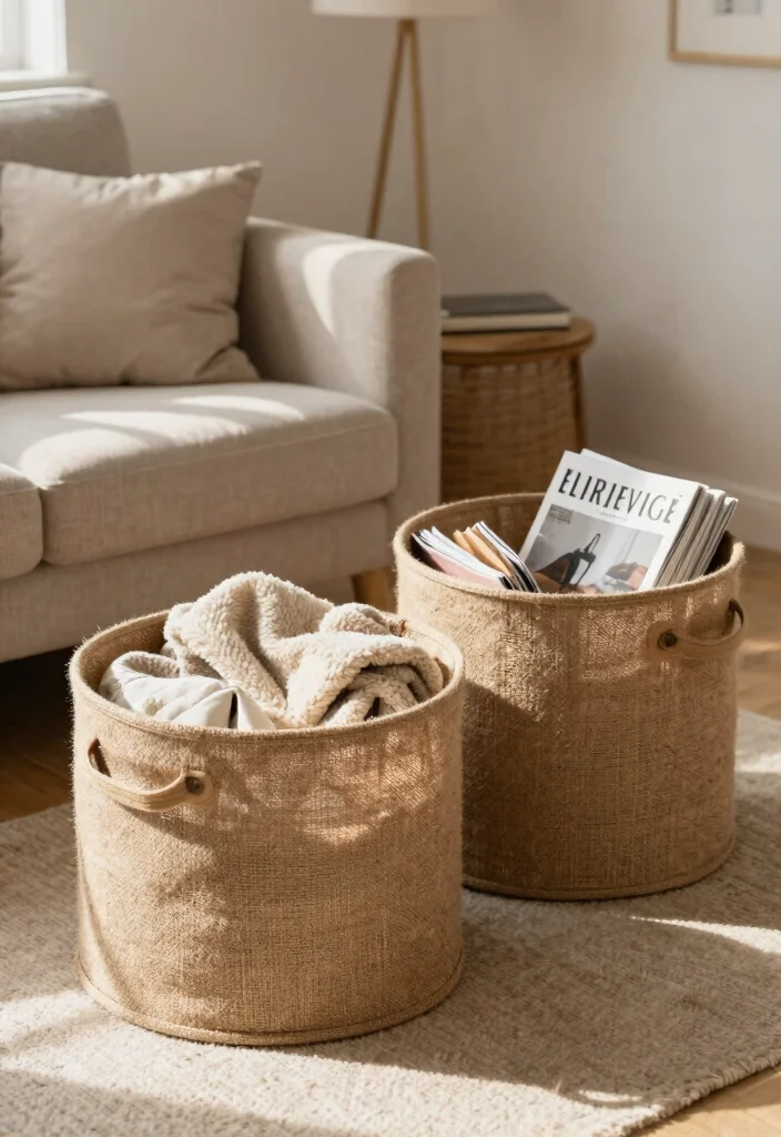 27 Round Furniture Ideas That Add Flow to Your Living Room - 18. Round Storage Bins: Organizing with Style 1