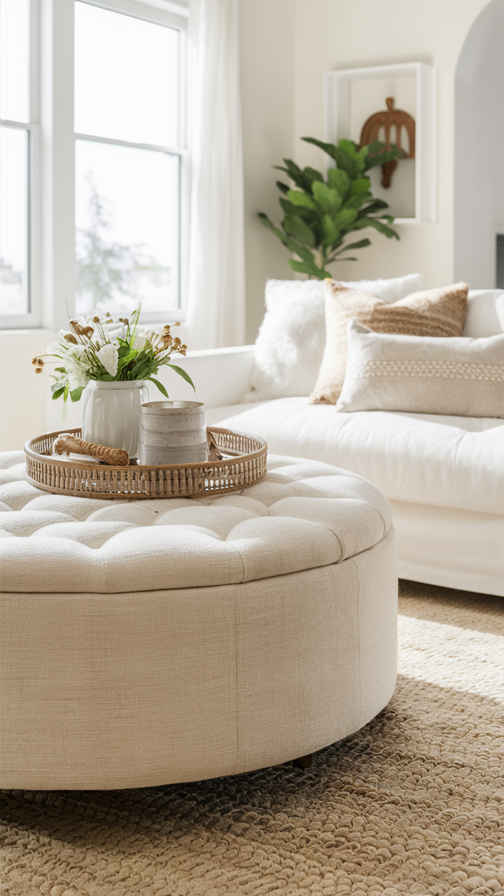 27 Round Furniture Ideas That Add Flow to Your Living Room - 3. Modern Round Ottomans: Versatile and Chic 1