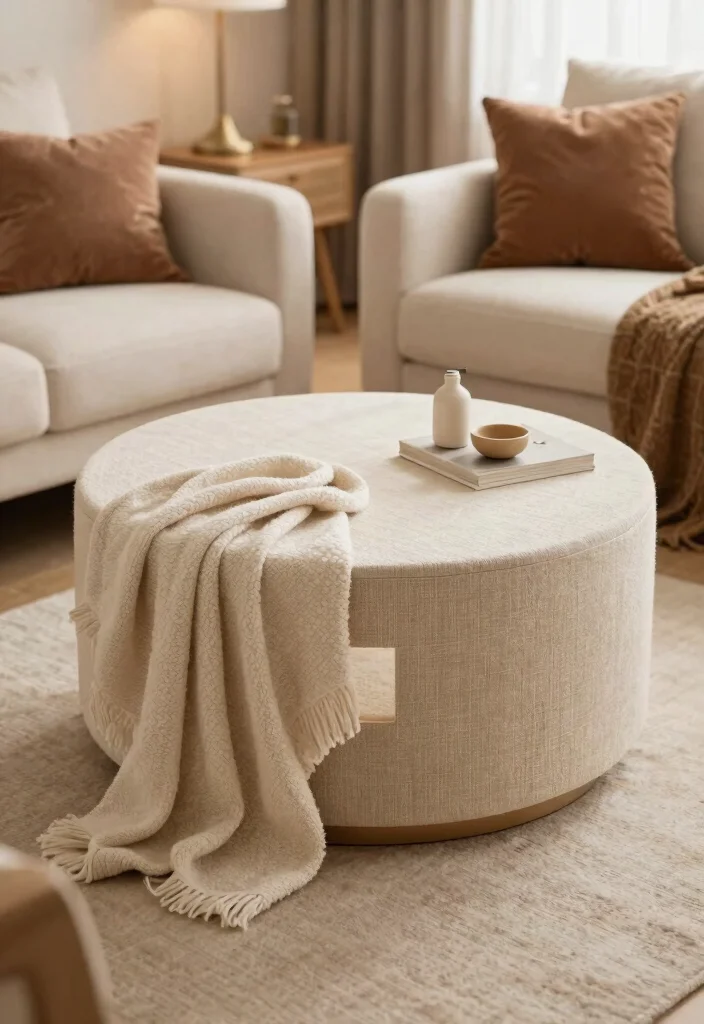 28 Center Table Living Room Ideas for Every Style - 25. Textured Fabric Surfaces 1