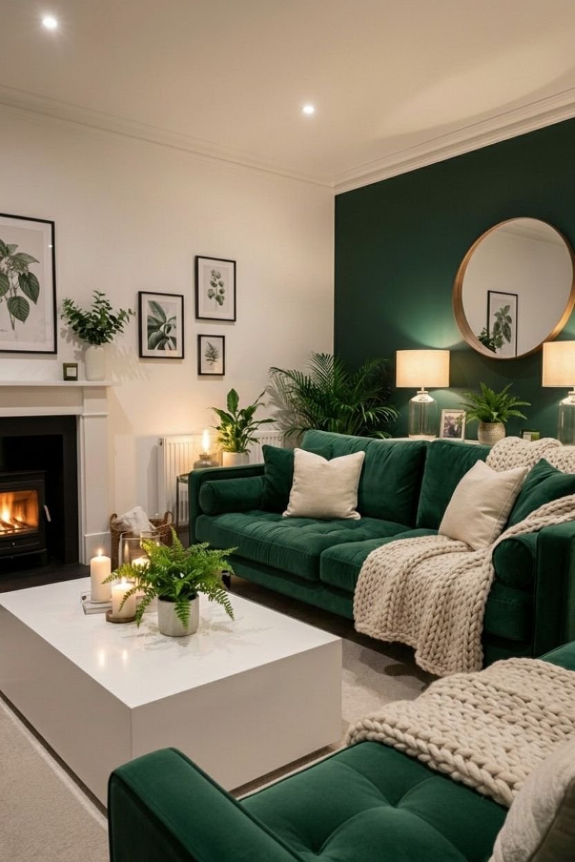 28 Green Velvet Sofa Living Room Ideas That Wow - 10. Glamorous Touch 1