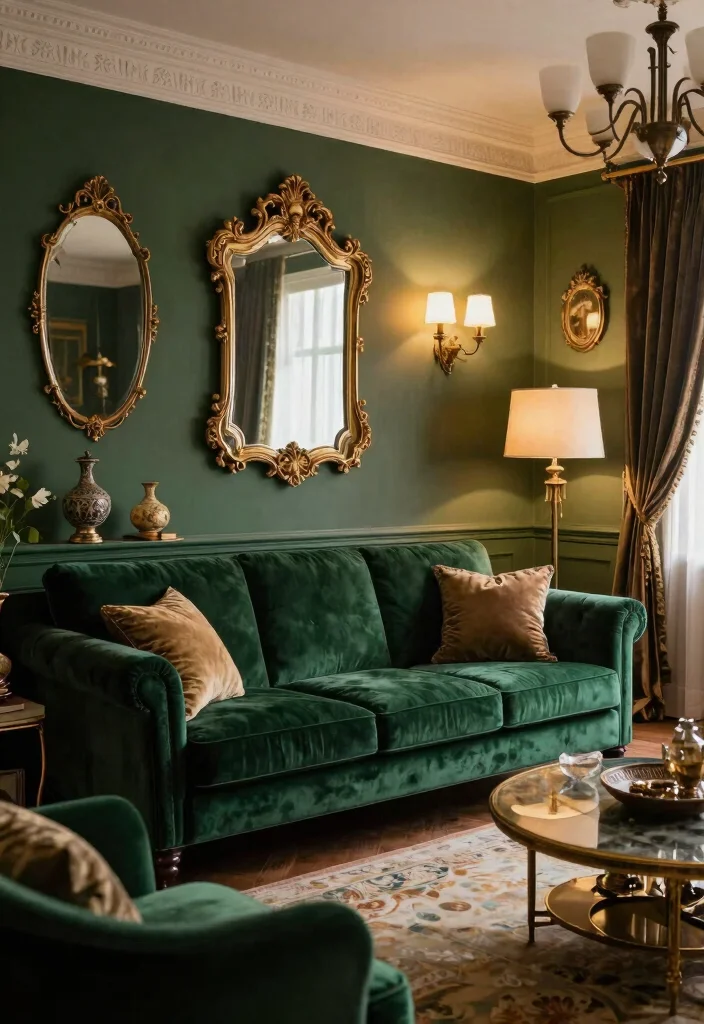 28 Green Velvet Sofa Living Room Ideas That Wow - 12. Vintage Glam 1