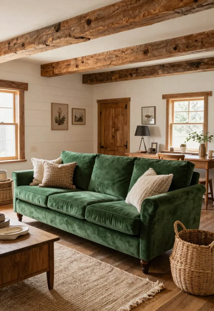28 Green Velvet Sofa Living Room Ideas That Wow - 13. Farmhouse Fresh 1
