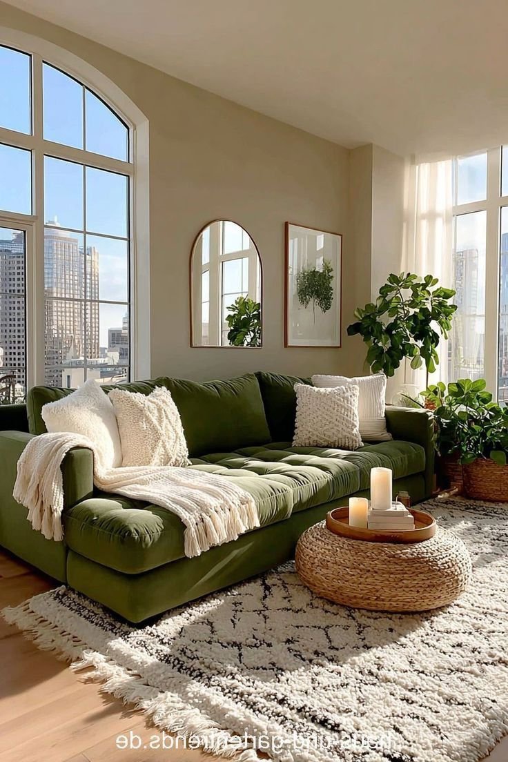 28 Green Velvet Sofa Living Room Ideas That Wow - 15. Layered Luxury 1