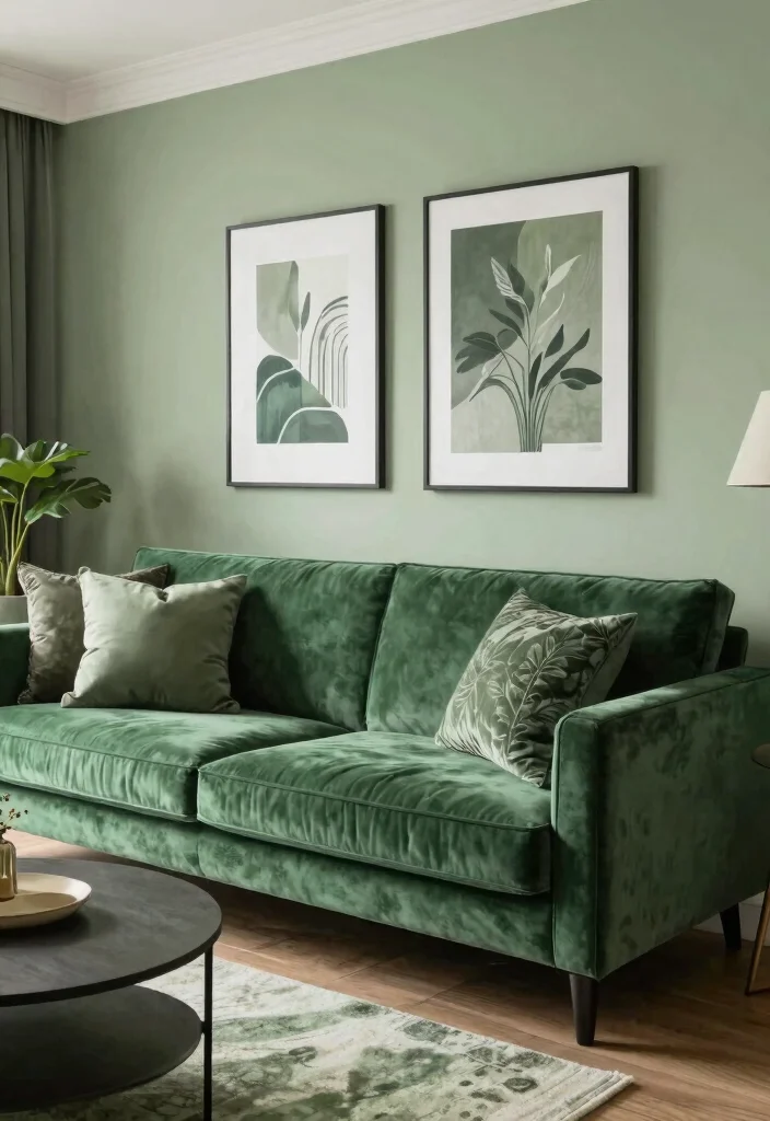 28 Green Velvet Sofa Living Room Ideas That Wow - 16. Monochromatic Magic 1