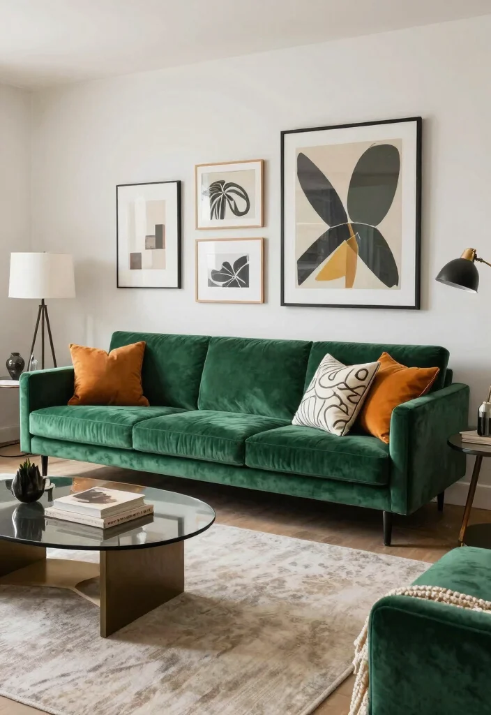 28 Green Velvet Sofa Living Room Ideas That Wow - 17. Statement Accessories 1