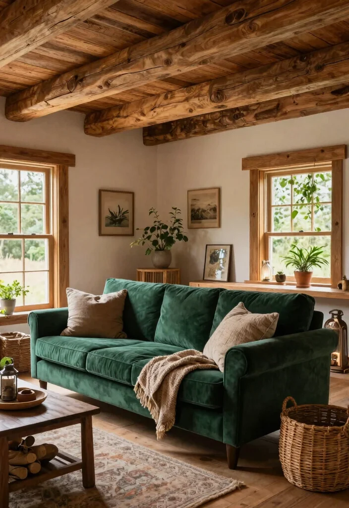 28 Green Velvet Sofa Living Room Ideas That Wow - 18. Rustic Retreat 1