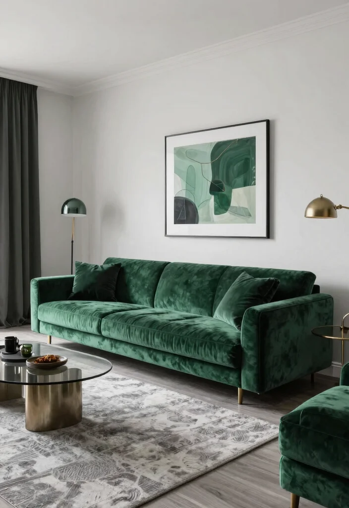 28 Green Velvet Sofa Living Room Ideas That Wow - 19. Sophisticated Monochrome 1