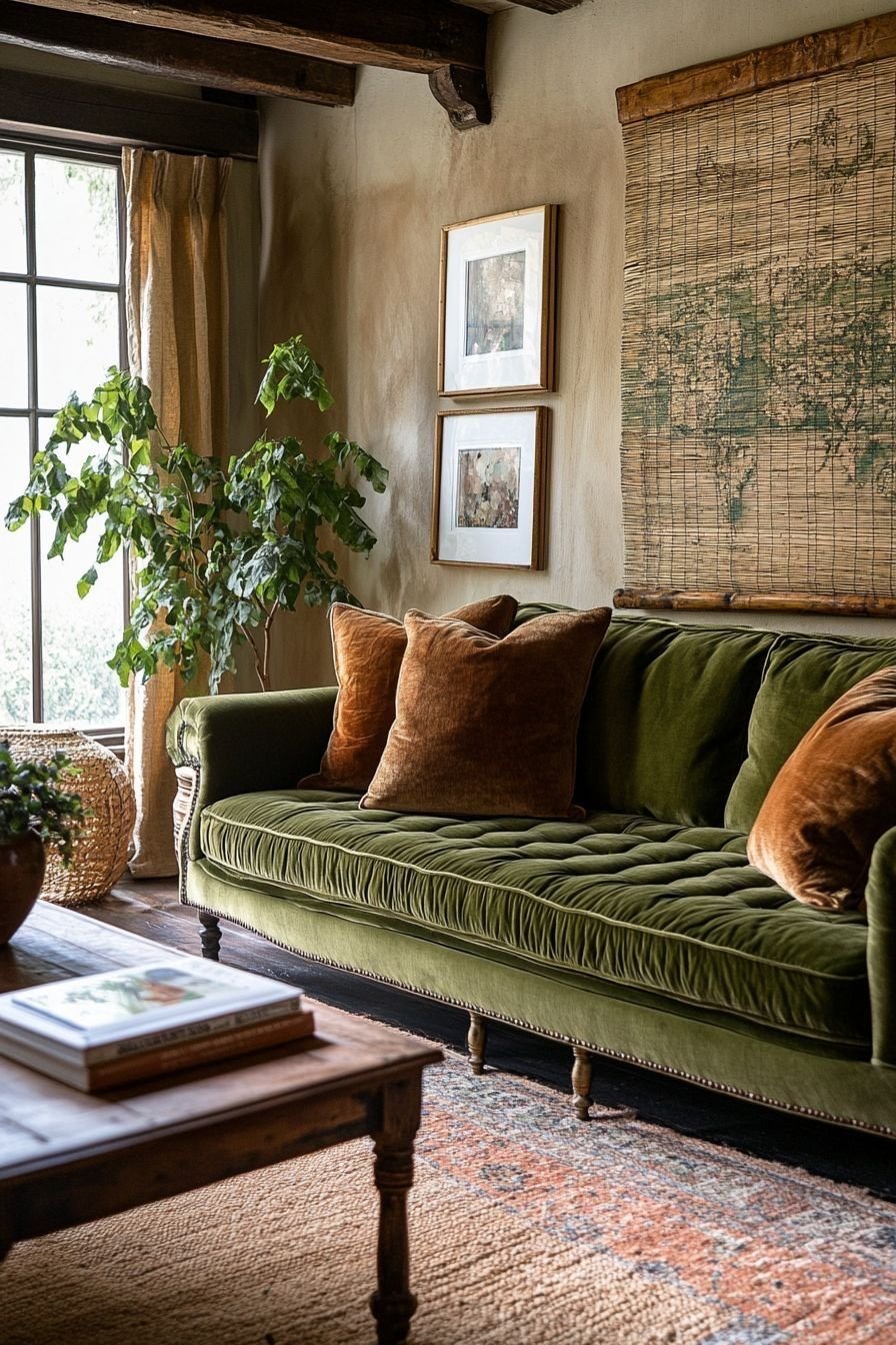 28 Green Velvet Sofa Living Room Ideas That Wow - 20. Playful Patterns 1