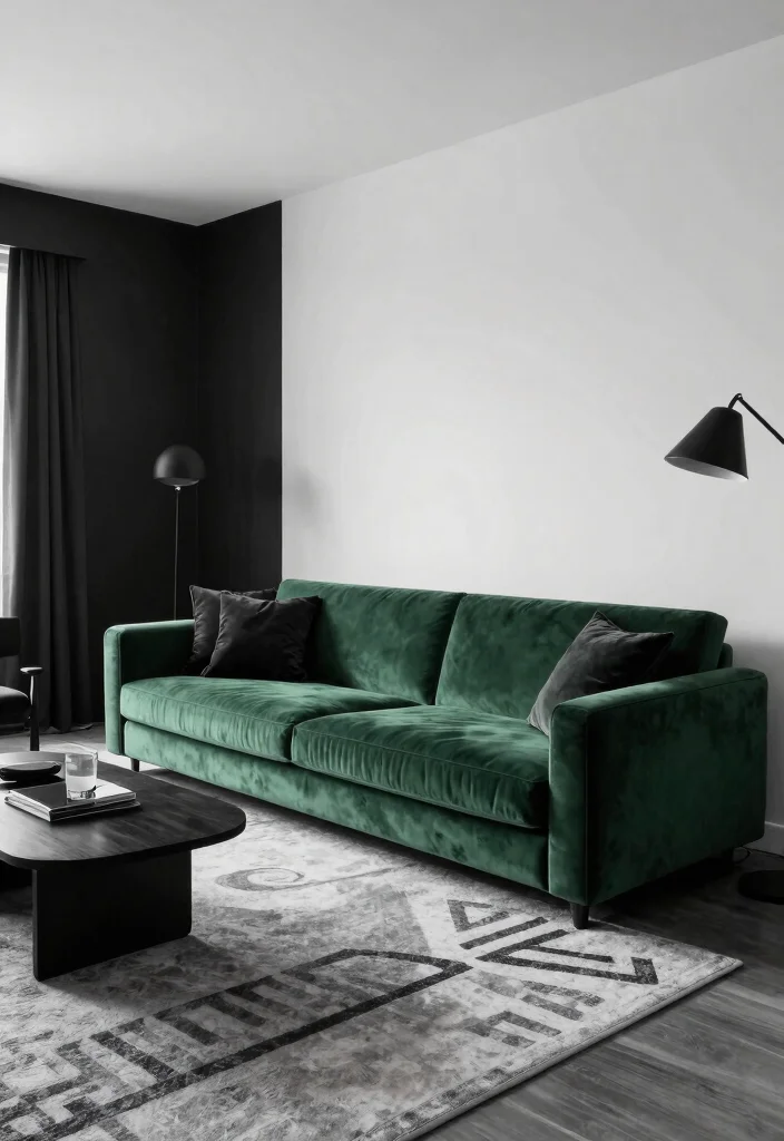 28 Green Velvet Sofa Living Room Ideas That Wow - 21. Timeless Monochrome 1