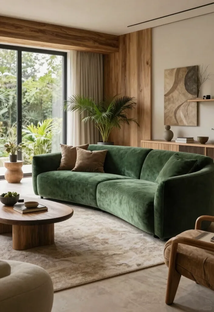 28 Green Velvet Sofa Living Room Ideas That Wow - 22. Organic Modern 1