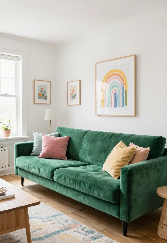 28 Green Velvet Sofa Living Room Ideas That Wow - 24. Fresh and Bright 1