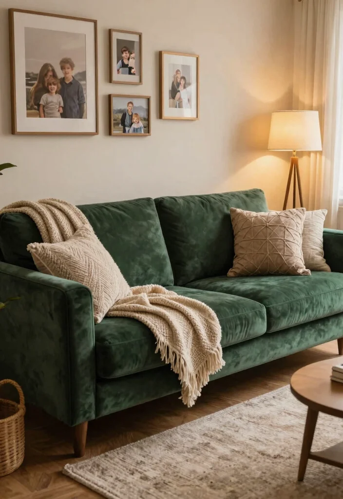 28 Green Velvet Sofa Living Room Ideas That Wow - 25. Layering Textures for Comfort 1