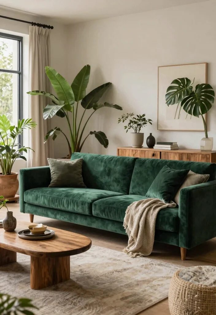 28 Green Velvet Sofa Living Room Ideas That Wow - 26. Nature-Inspired Escape 1